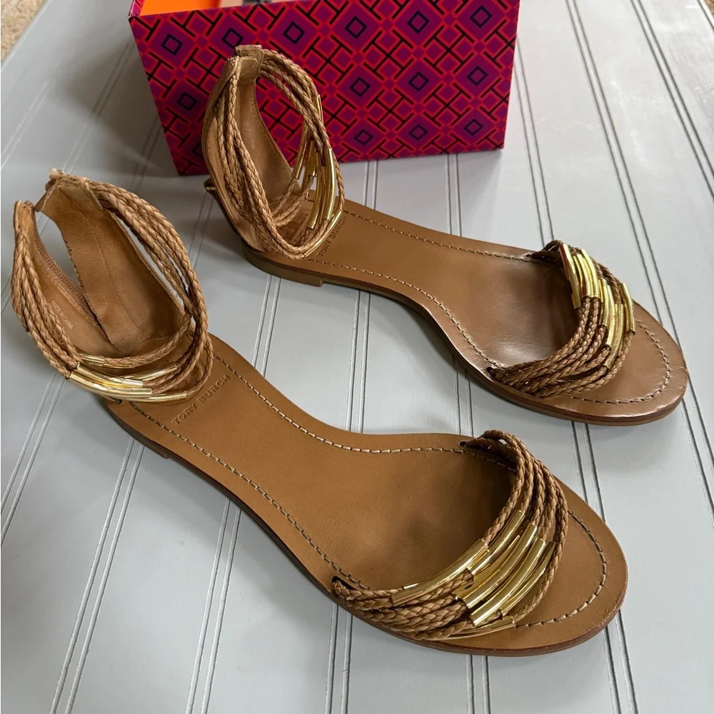 Tory Burch Mignon Braided Ankle Strap Sandals Tan Leather Gold Accents Size 8